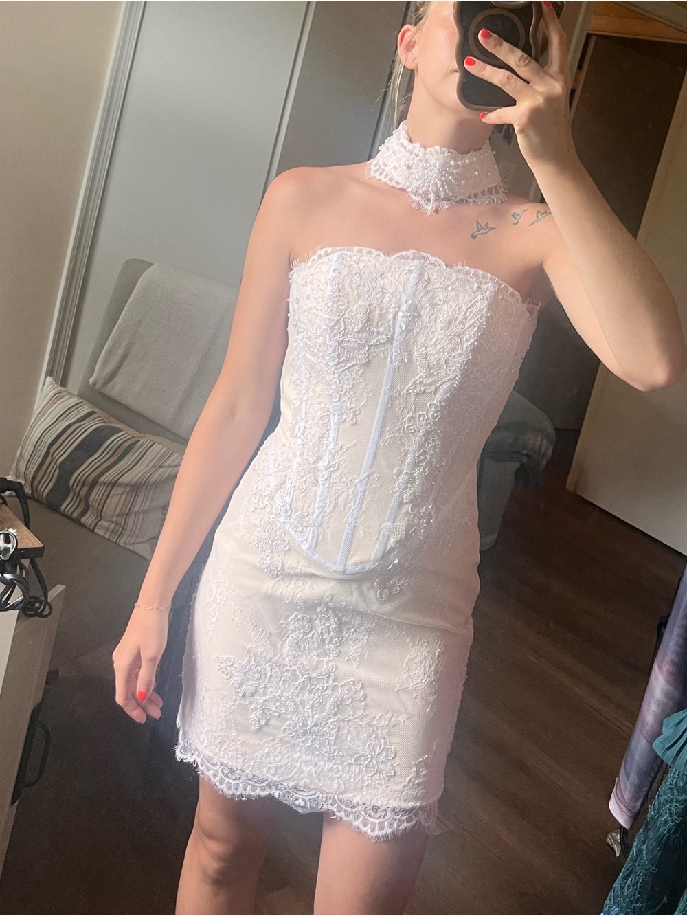 White Strapless Lace Mini Dress with Detachable Choker